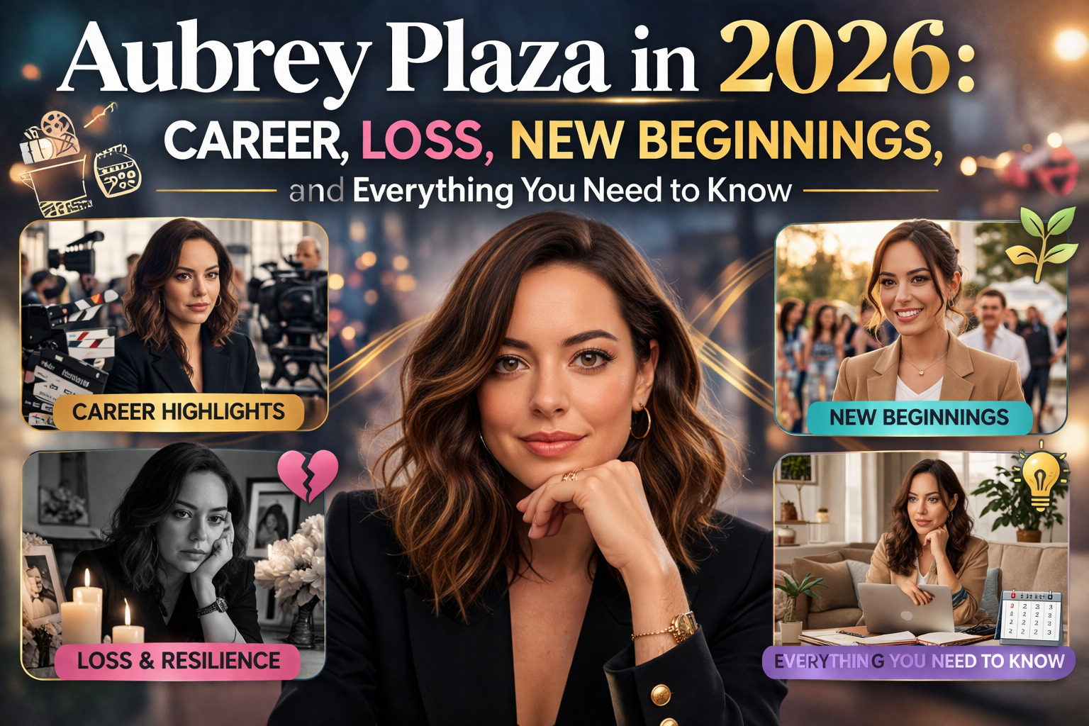 Aubrey Plaza featured in a 2026 news-style graphic highlighting her career milestones, personal loss, motherhood, and new beginnings.