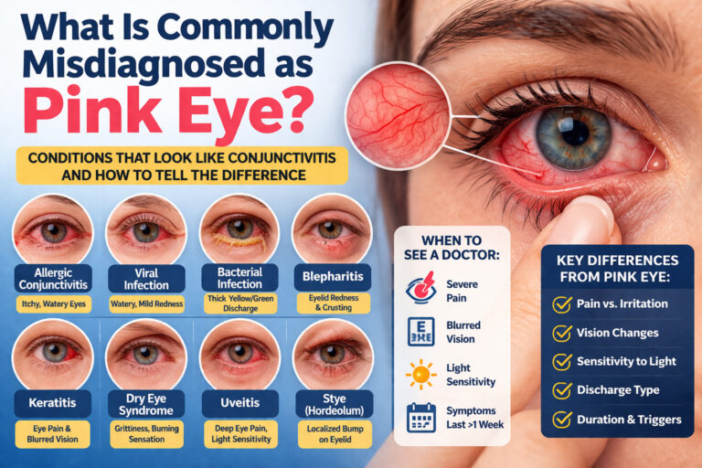 Infographic showing conditions commonly mistaken for Conjunctivitis, including keratitis, blepharitis, and dry eye syndrome with visual symptom comparisons