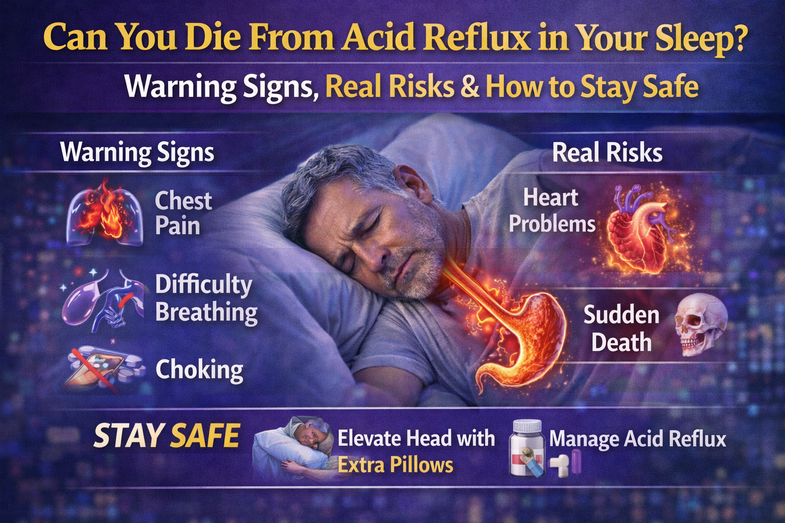 Infographic about Acid Reflux during sleep showing symptoms like chest pain, breathing issues, and risks such as heart complications