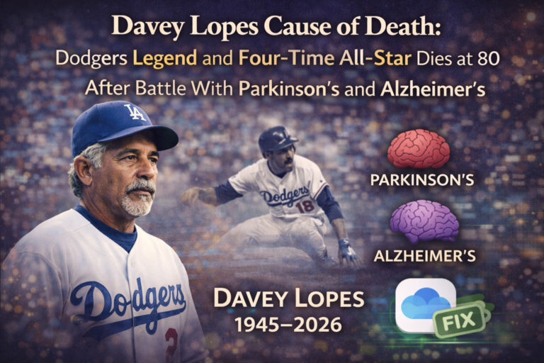 Memorial graphic honoring Davey Lopes, former Los Angeles Dodgers All-Star, highlighting his death at age 80 after battling Parkinson’s and Alzheimer’s diseases.