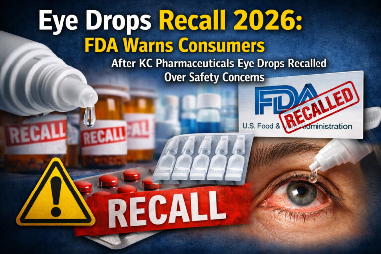 Eye drops recall 2026 warning showing recalled eye drop bottles and FDA safety alert after KC Pharmaceuticals products were pulled over safety concerns