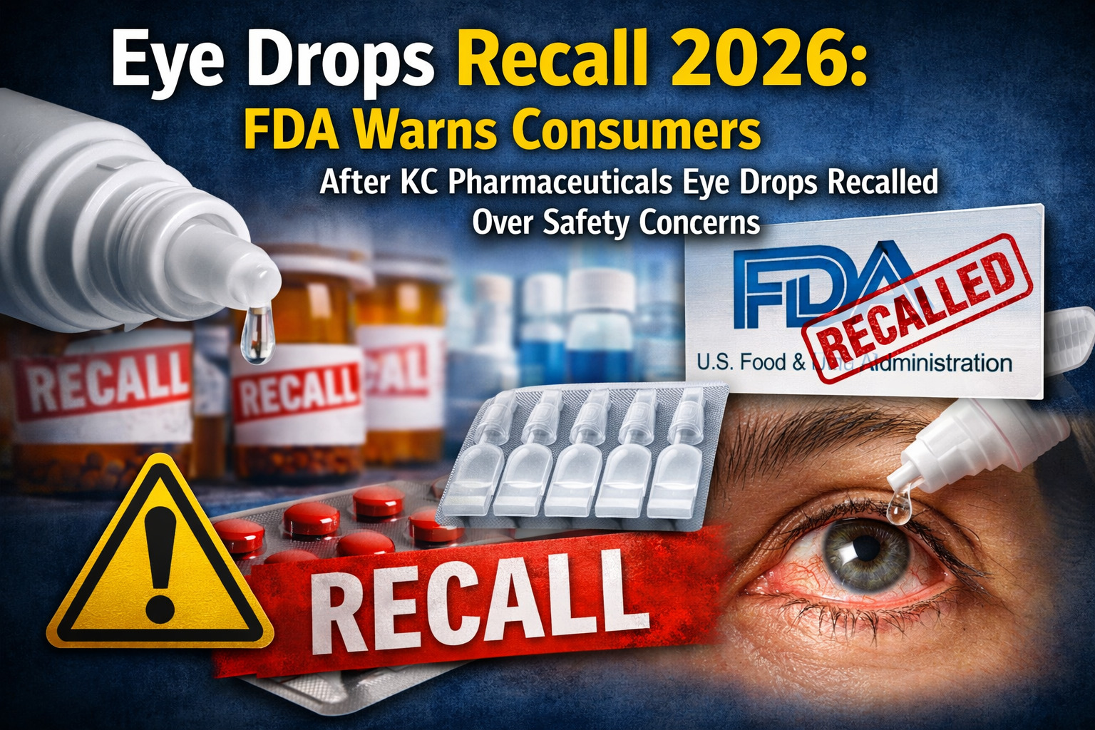 Eye drops recall 2026 warning showing recalled eye drop bottles and FDA safety alert after KC Pharmaceuticals products were pulled over safety concerns