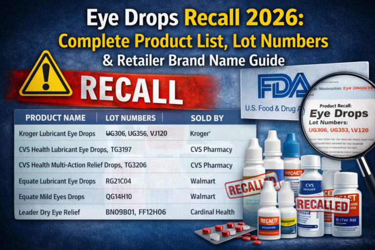 Eye drops recall 2026 complete product list showing recalled brands, lot numbers, and retailer names in FDA safety warning notice
