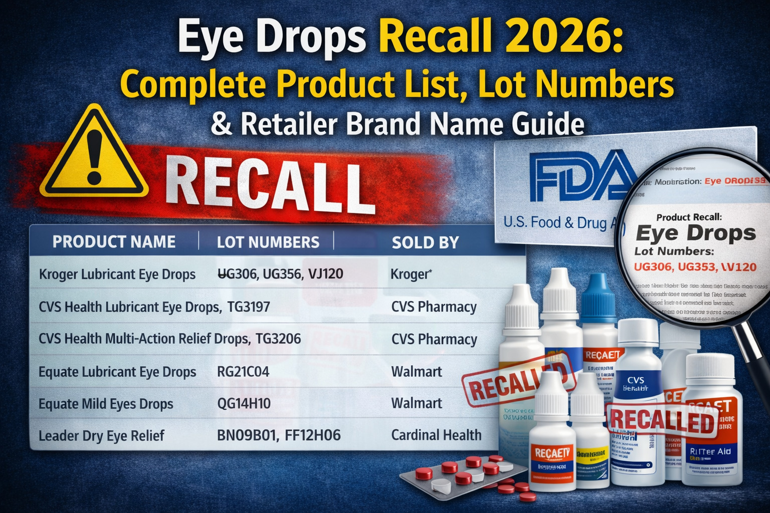 Eye drops recall 2026 complete product list showing recalled brands, lot numbers, and retailer names in FDA safety warning notice