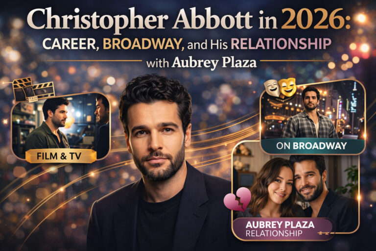 Christopher Abbott featured in a 2026 entertainment-style graphic highlighting his acting career, Broadway performances, and relationship with Aubrey Plaza.