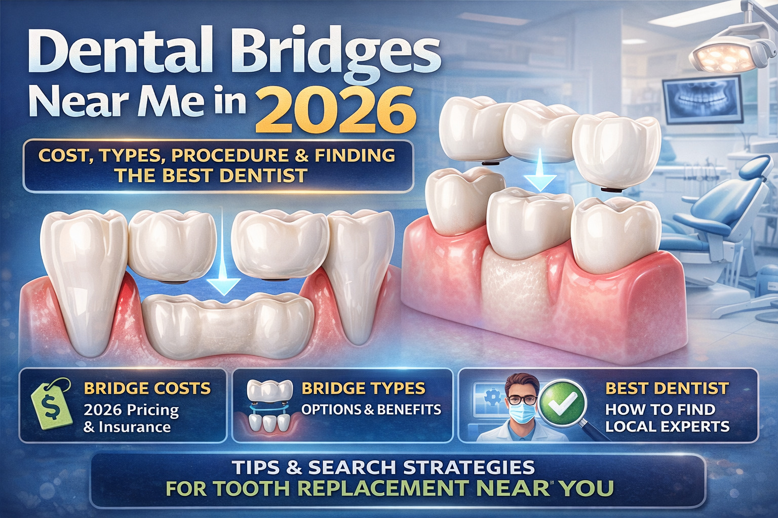 Infographic showing Dental Bridges types, cost, and procedure with modern dental clinic background