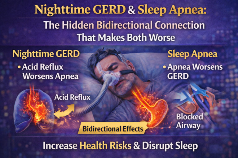 Infographic showing the link between Gastroesophageal Reflux Disease and Sleep Apnea during nighttime, highlighting how each condition worsens the other