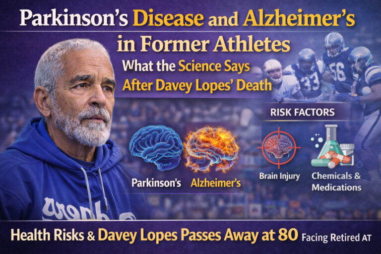 Infographic showing Parkinson's Disease and Alzheimer's Disease risks in former athletes, referencing Davey Lopes and scientific factors like brain injury and chemical exposure