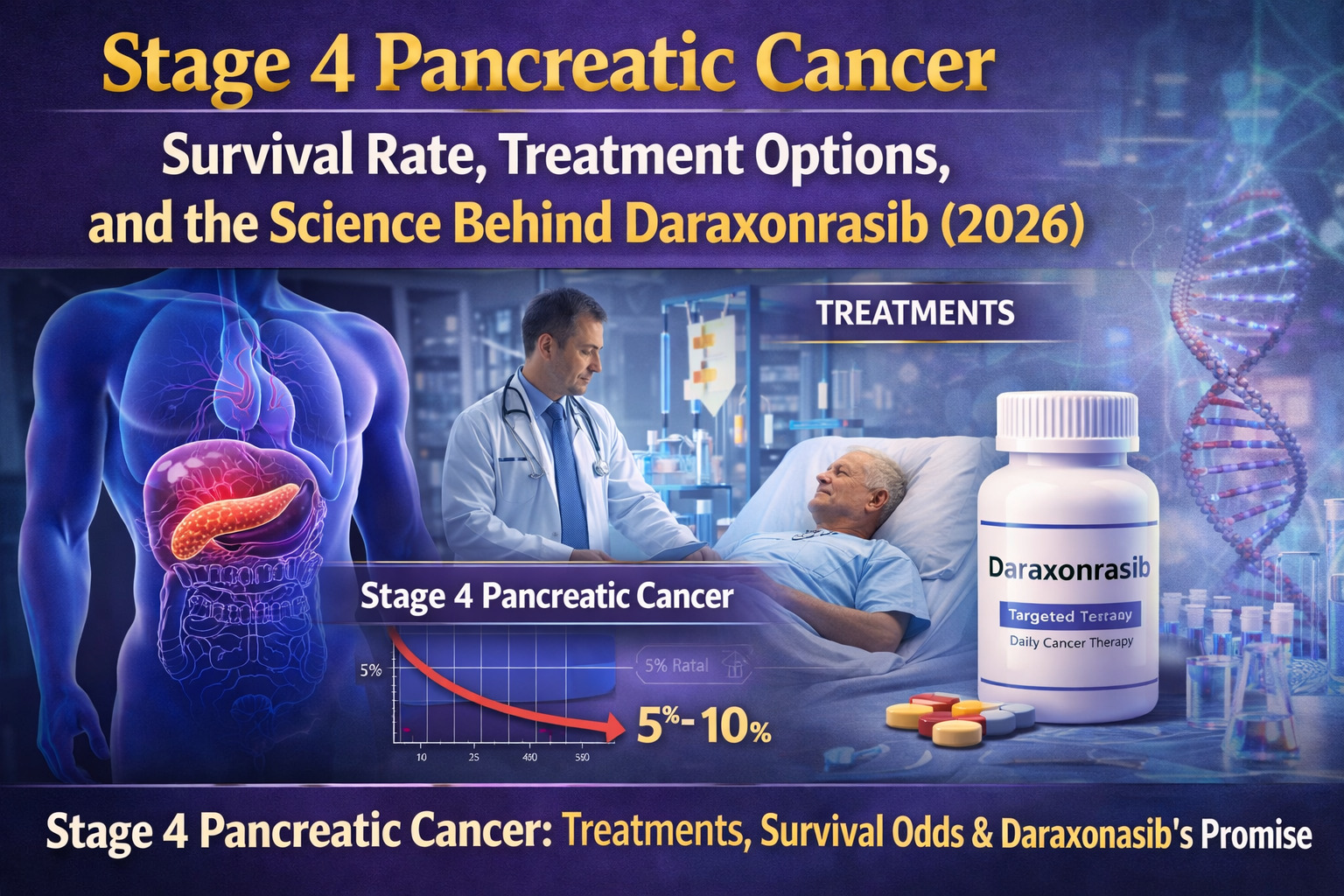 Medical infographic illustrating Stage 4 Pancreatic Cancer survival rates, treatment options, and the mechanism of Daraxonrasib in 2026