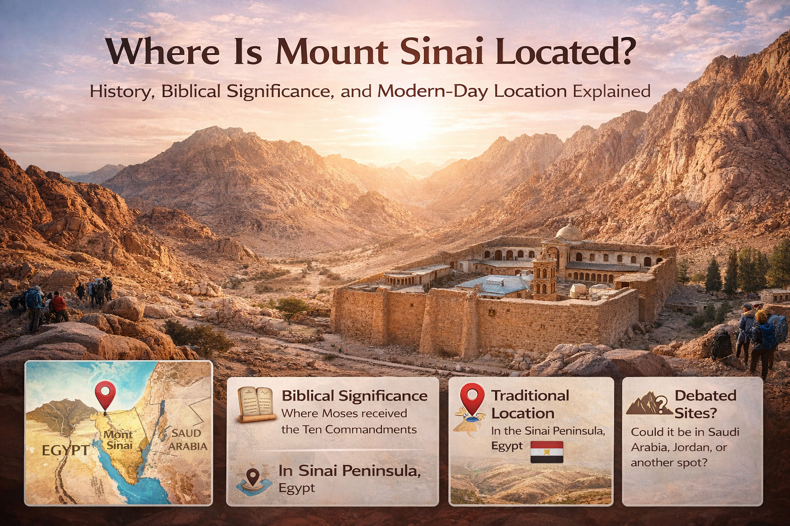 Map showing the possible locations of Mount Sinai including Sinai Peninsula, Saudi Arabia, and traditional biblical route with historical context
