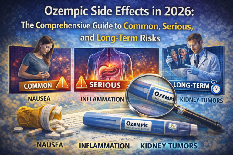Medical infographic showing Ozempic injection pen and warning symbols highlighting common, serious, and long-term side effects risks for patients in 2026