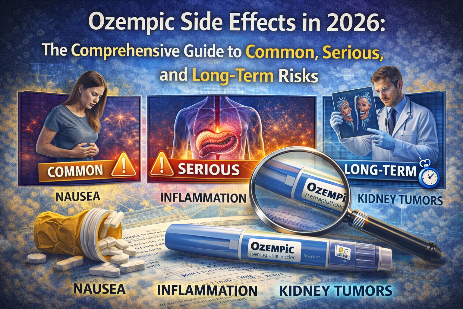 Medical infographic showing Ozempic injection pen and warning symbols highlighting common, serious, and long-term side effects risks for patients in 2026