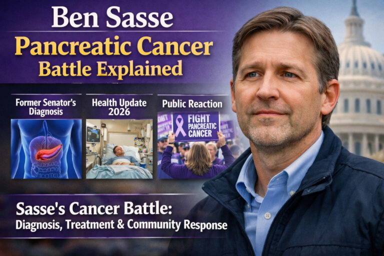 Portrait of Ben Sasse with headline about his Pancreatic Cancer diagnosis, health update, and public reaction in 2026