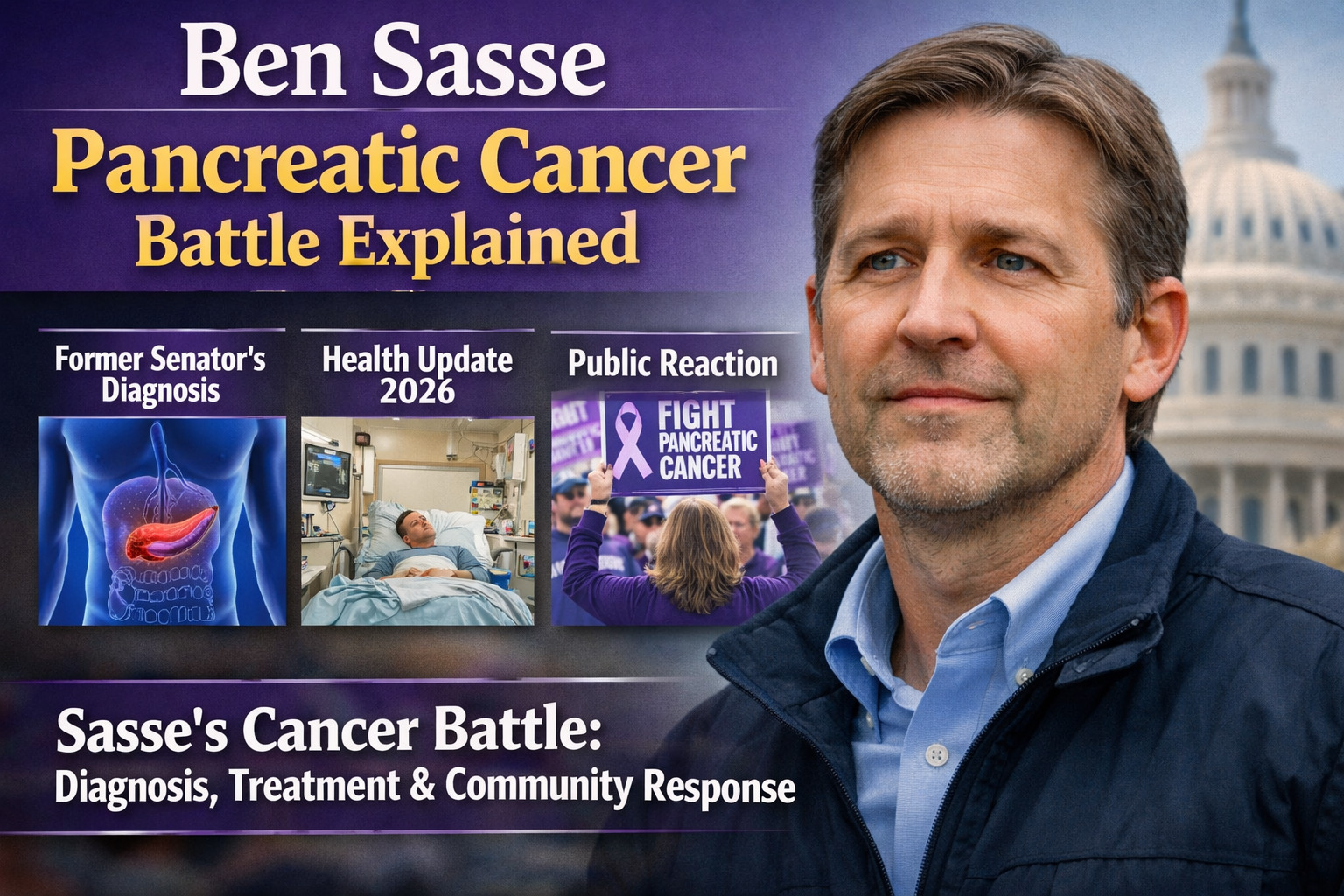 Portrait of Ben Sasse with headline about his Pancreatic Cancer diagnosis, health update, and public reaction in 2026