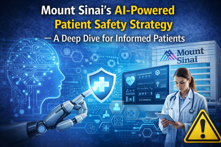 Mount Sinai AI-powered patient safety strategy showing doctor using digital health technology and artificial intelligence to improve patient care and hospital safety